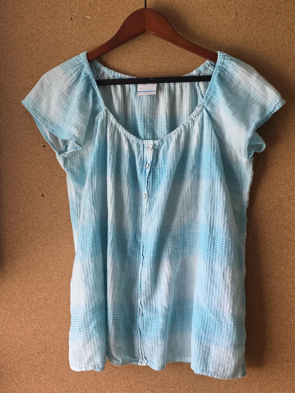 Columbia Light Blue Crinkle Gauze Cotton Textured Button Front Top L